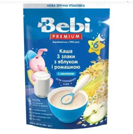 Каша молочная Bebi Premium 3 злака с яблоком и ромашкой, с 6 месяцев, 200 г