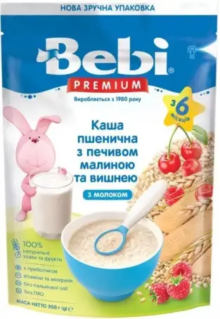 КАША МОЛОЧН. BEBI PREMIUM для полдника пшеничн., печенье с малин. и вишн. с 6 мес. 200 г