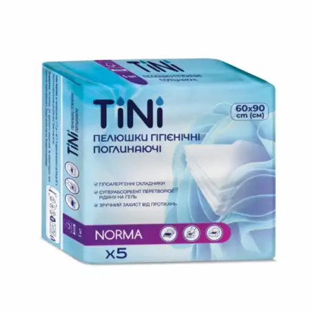 Пеленки гигиенические впитывающие TINI Norma, размер 60 х 90 см, 5 шт
