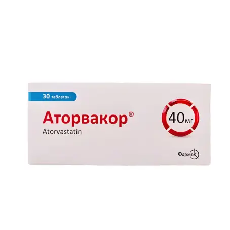 Аторвакор таблетки для снижения холестерина по 40 мг, 30 шт.