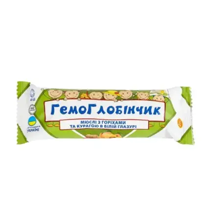 Батончик мюсли Гемоглобинчик с орехами и курагой в белой глазури, 40 г