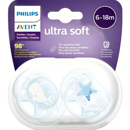 СОСКА ПУСТУШКА PHILIPS AVENT Ultra soft силік. ортодонт. для хлопч. 6-18 міс. №2 SCF223/03