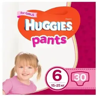 Подгузники-трусики Huggies Pants детские, для девочек, размер 6, 15-25 кг, 30 шт