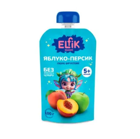 Пюре фруктовое Elfik Magic для детей с 5 месяцев яблоко-персик, 100 г doy-pack