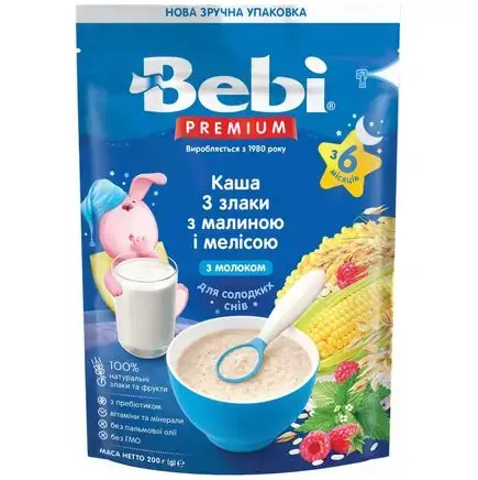 Каша молочная Bebi Premium 3 злака с малиной, мелиссой, с 6 месяцев, 200 г