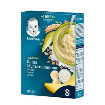 Каша молочная Gerber мультизлаковая с йогуртом, бананом и грушей для детей с 8 месяцев, 240 г