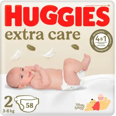 Подгузники Huggies Extra Care детские размер 2, 3-6 кг 58 шт